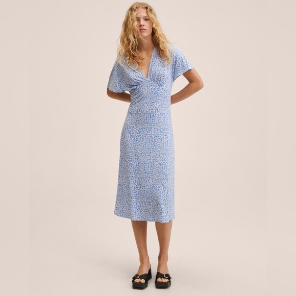 Mango MNG • NWT Blue & White Daisy XXL A Line V Neck Midi Dress Pleated Detail - Picture 2 of 11